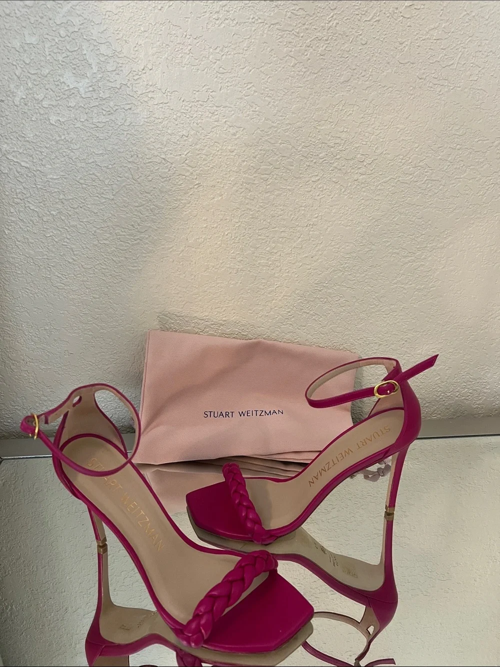 Stuart Weitzman Hot Pink Braided Strap Stiletto Sandals